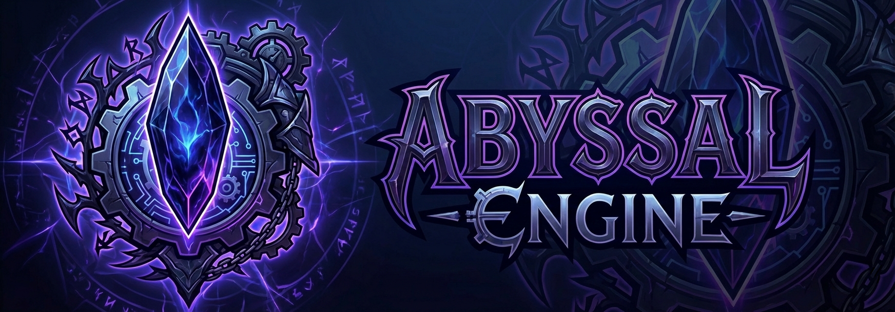A dark fantasy banner displaying a glowing blue crystal shard floating inside mechanical gears and purple arcane runes on the left. On the right, the text 'ABYSSAL ENGINE' appears in large, stylized purple metallic letters against a dark background.