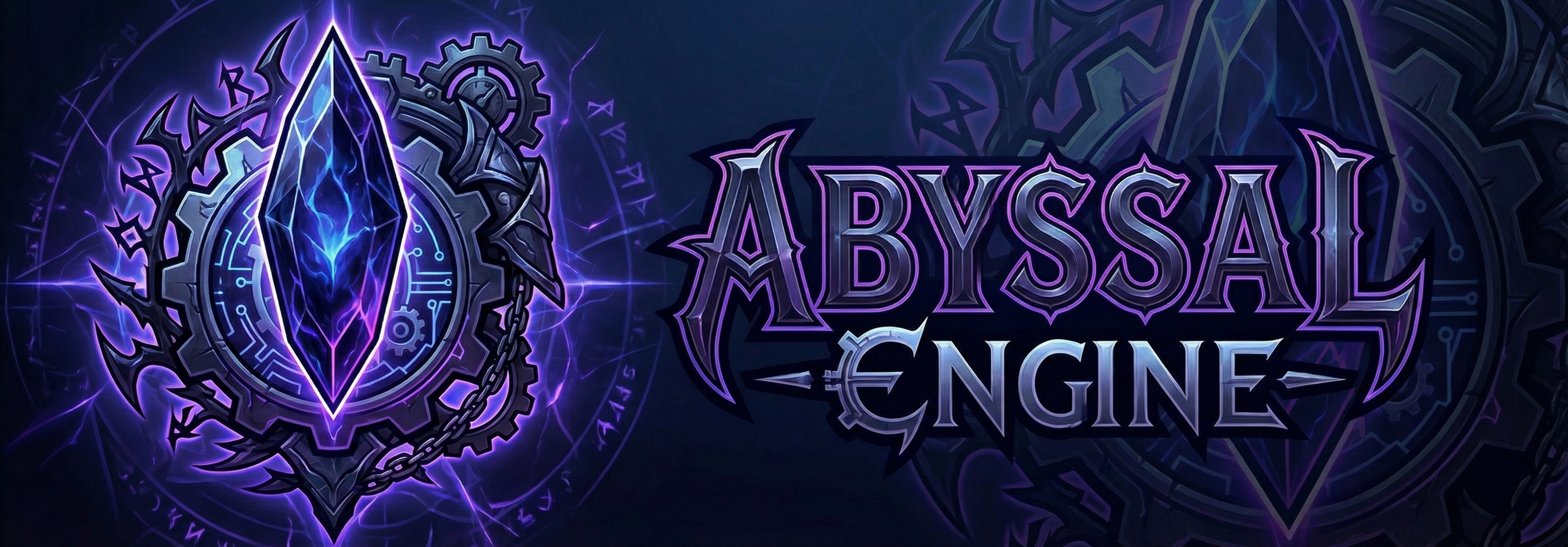 A dark fantasy banner displaying a glowing blue crystal shard floating inside mechanical gears and purple arcane runes on the left. On the right, the text 'ABYSSAL ENGINE' appears in large, stylized purple metallic letters against a dark background.